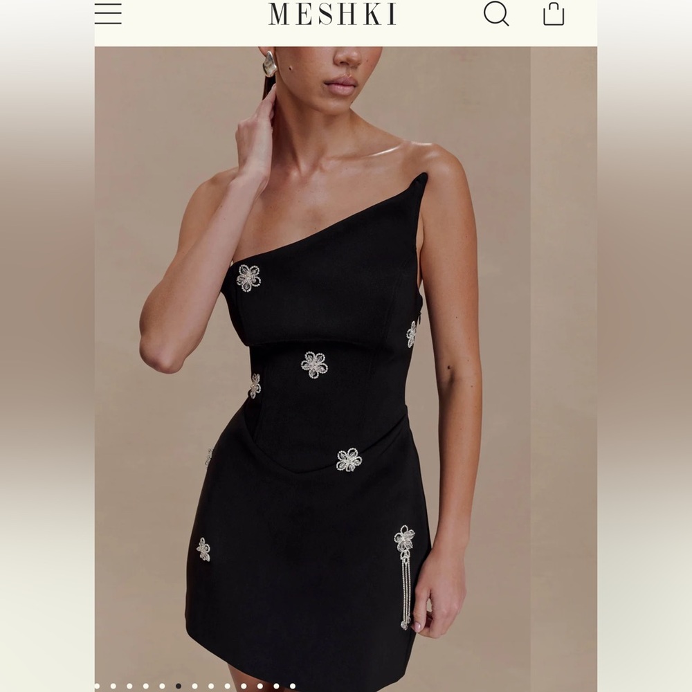 Meshki Black One-Shoulder Embellished Mini Dress